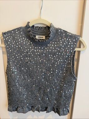 Sandro Gray Smocked Sequin Sleeveless Top